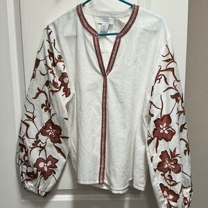 Calypso embroidered linen long sleeve blouse xl